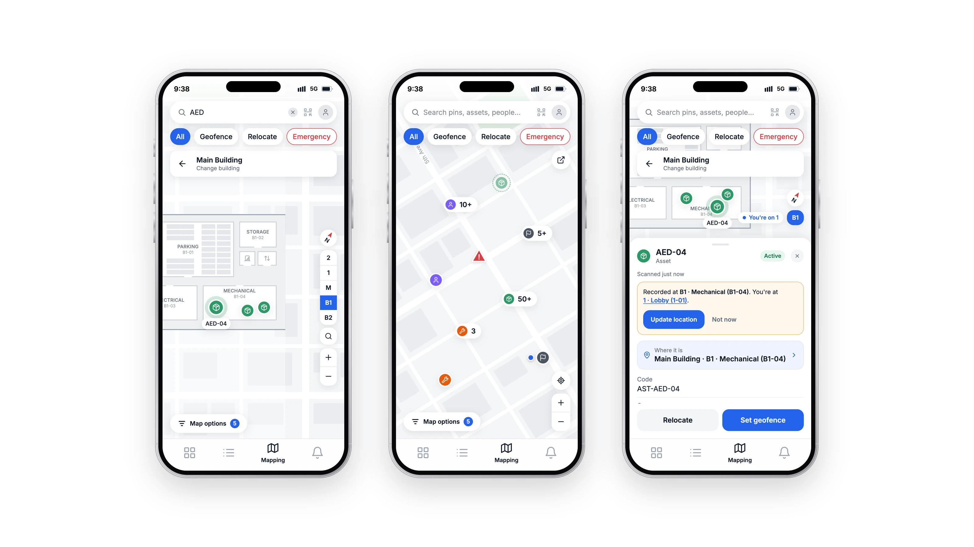 Three phones showing IDEA Mapping: a building floor plan with an AED pinned in the Mechanical room, the campus map with clustered pins for people, assets, locations and work orders, and a scan result flagging that the AED's recorded location doesn't match where it was scanned.