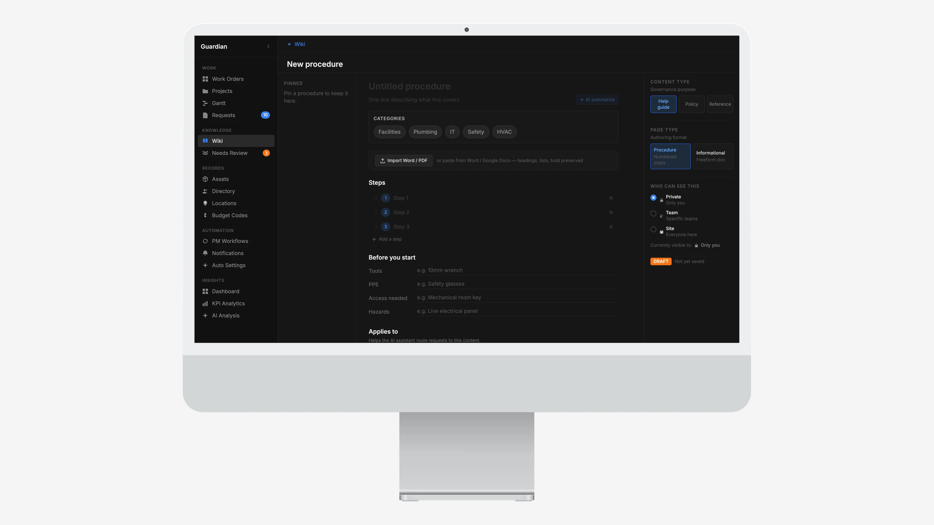 A desktop monitor showing the redesigned IDEA AI Wiki editor in dark mode: category chips, a document import bar, numbered steps and a Before you start checklist.