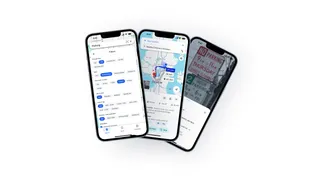 Three phones showing a parking concept: filters for price, type and time limit, a driving route across Seattle, and a camera view reading a street-cleaning sign.