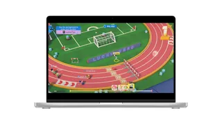 A laptop showing Planet Party Time gameplay: cartoon characters racing around a running track with hurdles and springboards, a countdown timer and an onboarding tip about using the springboard.