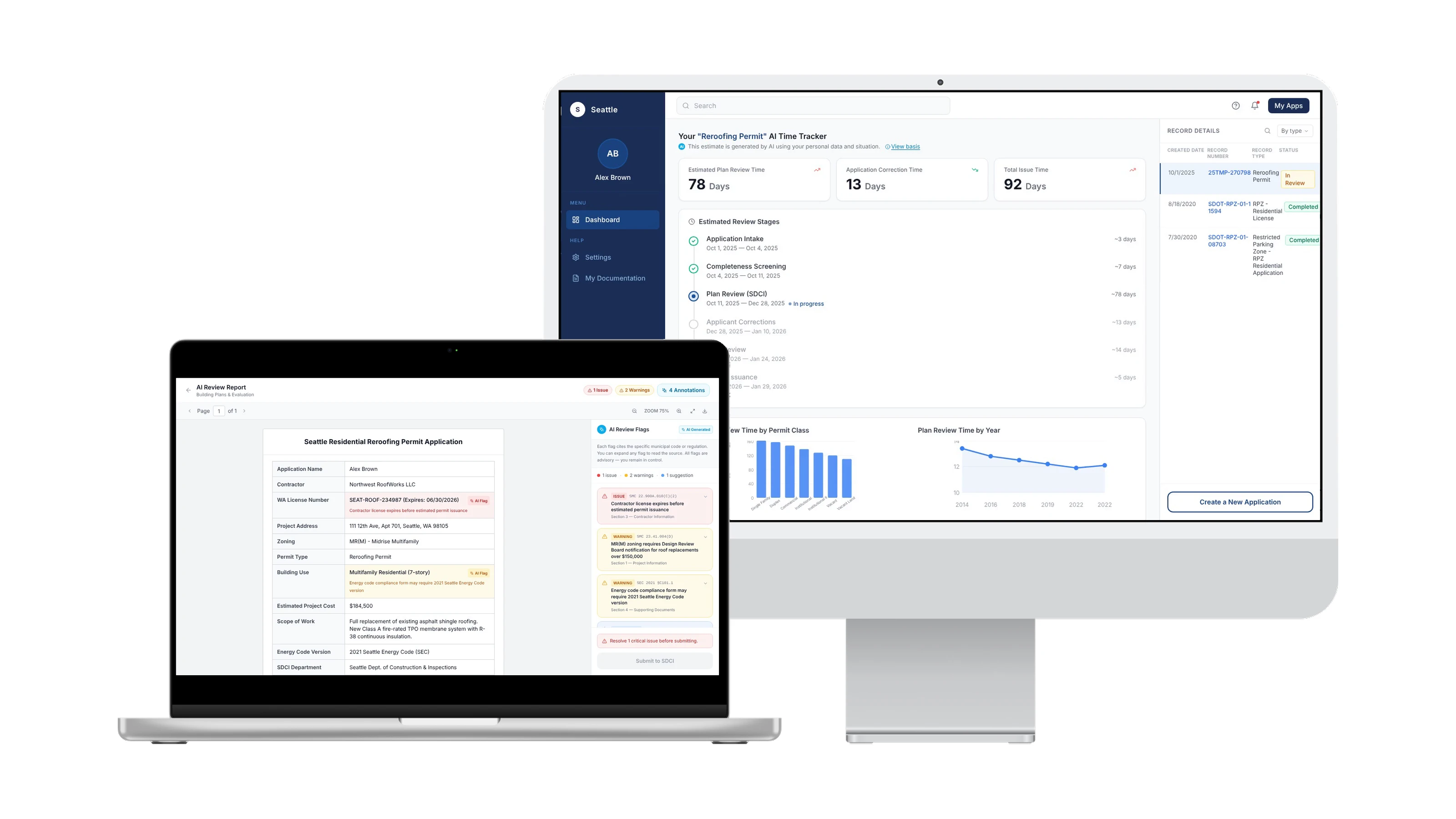 A desktop showing the AI time tracker for a reroofing permit (78 days of plan review, 92 days in total) with the basis of the estimate open, in front of it a laptop showing the AI review report with a flag expanded to the municipal code it cites.
